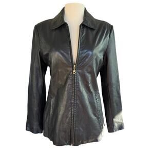 Vintage 90's Black Leather Zip Front Jacket Long Minimal Size Small
